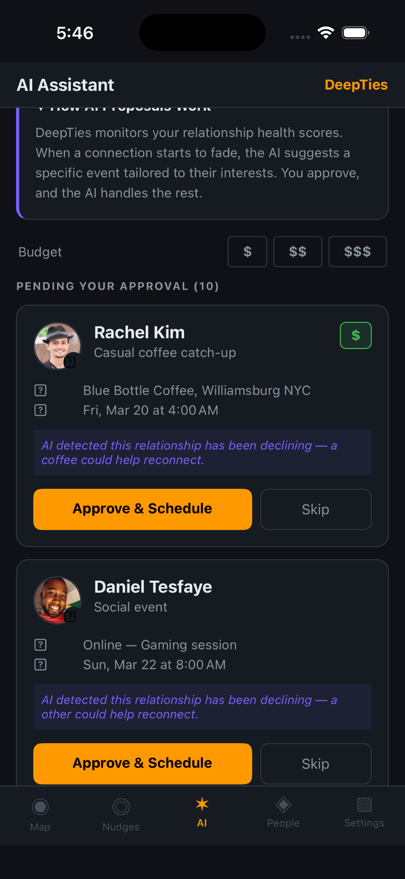 A iHuman contact profile with relationship health score, milestones, and communication history